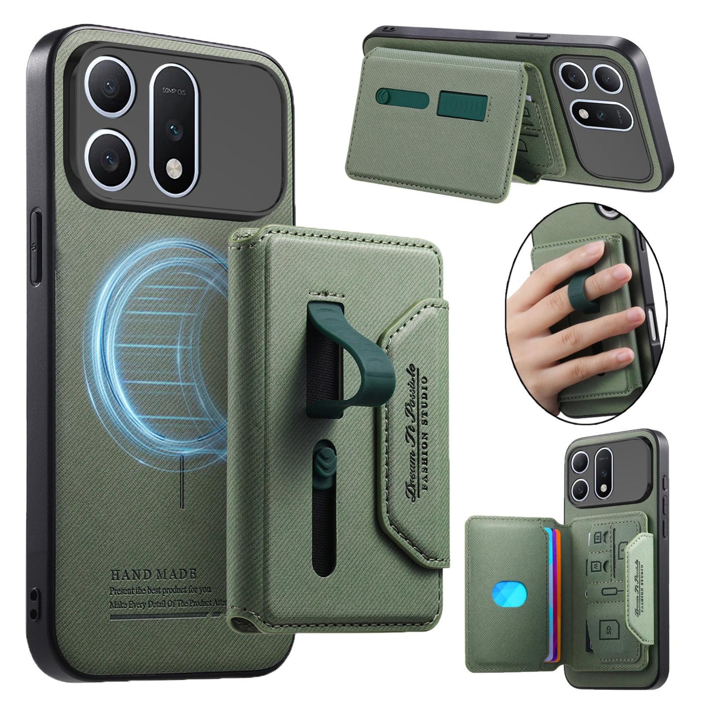 For Honor Win Turbo 5G Twill Fabric Travel Storage Magnetic Card Bag Back Phone Case(Green)