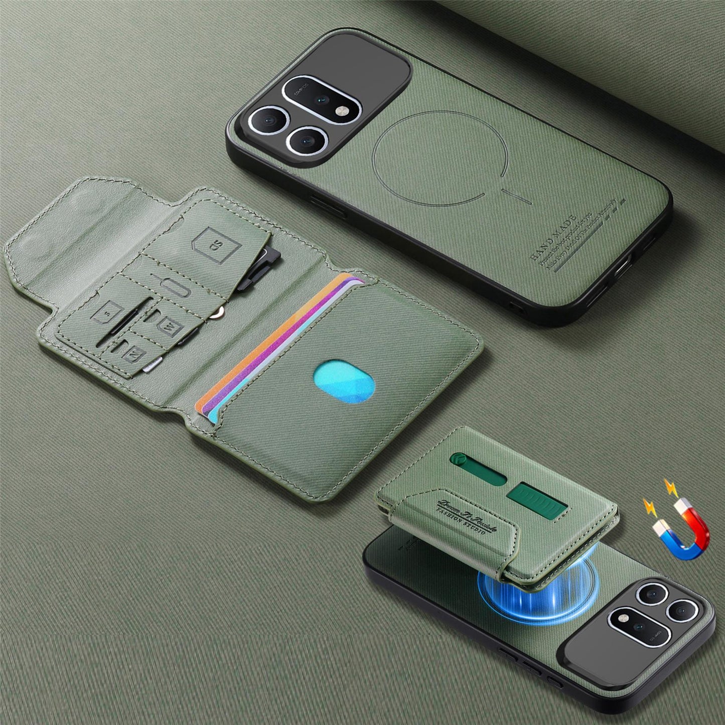For Honor Win Turbo 5G Twill Fabric Travel Storage Magnetic Card Bag Back Phone Case(Green)