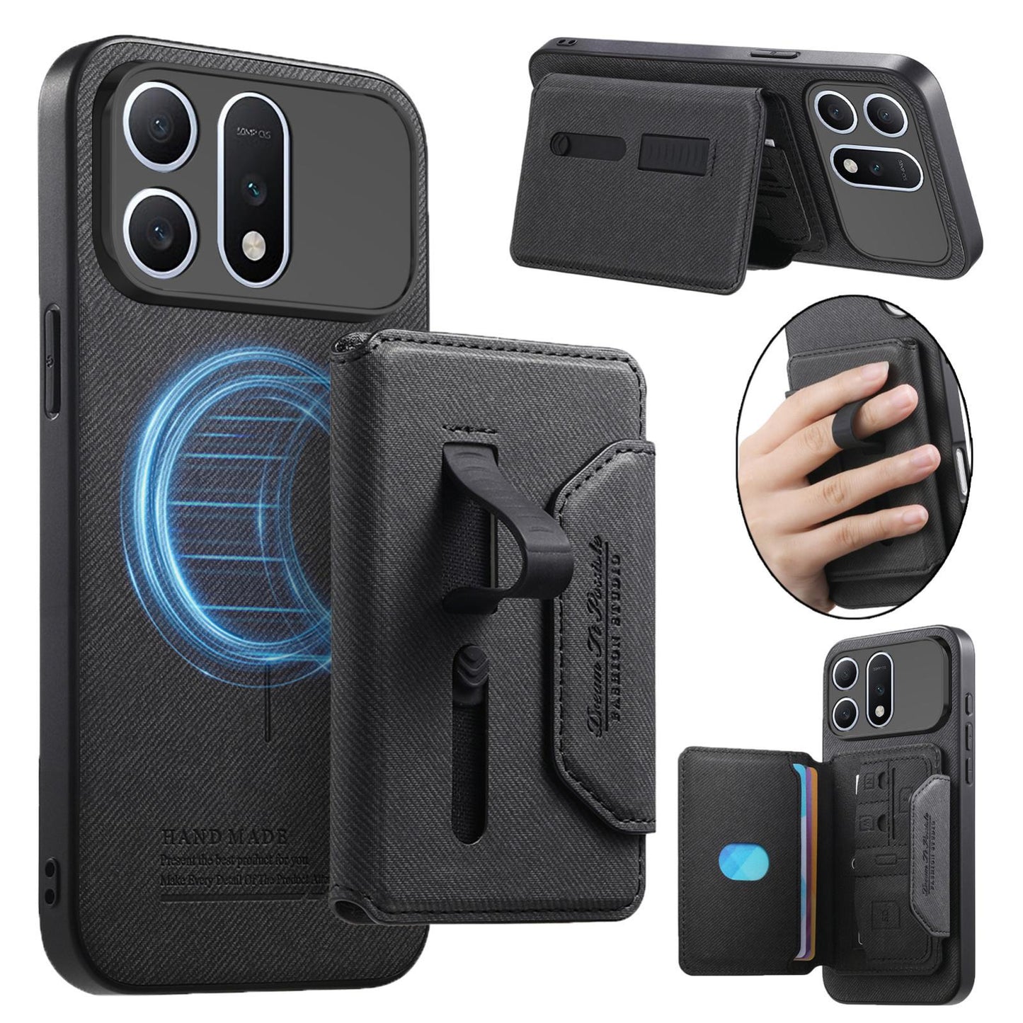 For Honor Win Turbo 5G Twill Fabric Travel Storage Magnetic Card Bag Back Phone Case(Black)