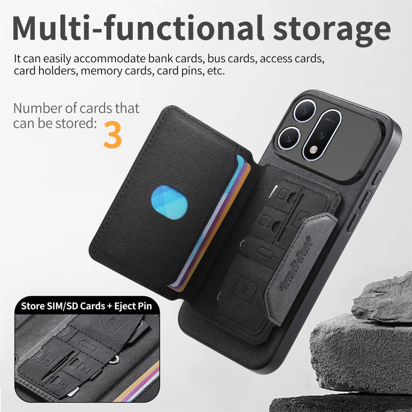 For Honor Win Turbo 5G Twill Fabric Travel Storage Magnetic Card Bag Back Phone Case(Black)