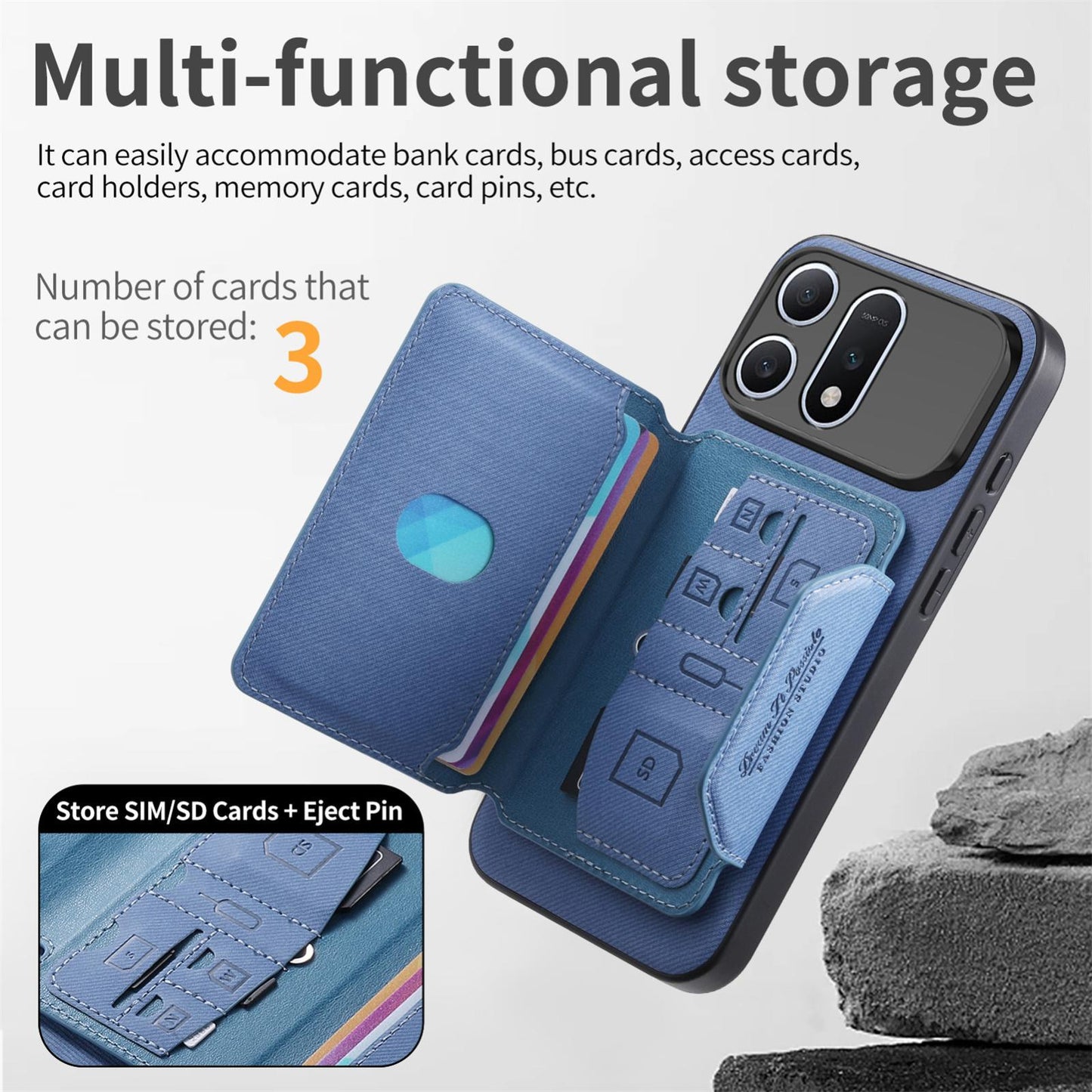 For Honor Win Turbo 5G Twill Fabric Travel Storage Magnetic Card Bag Back Phone Case(Blue)