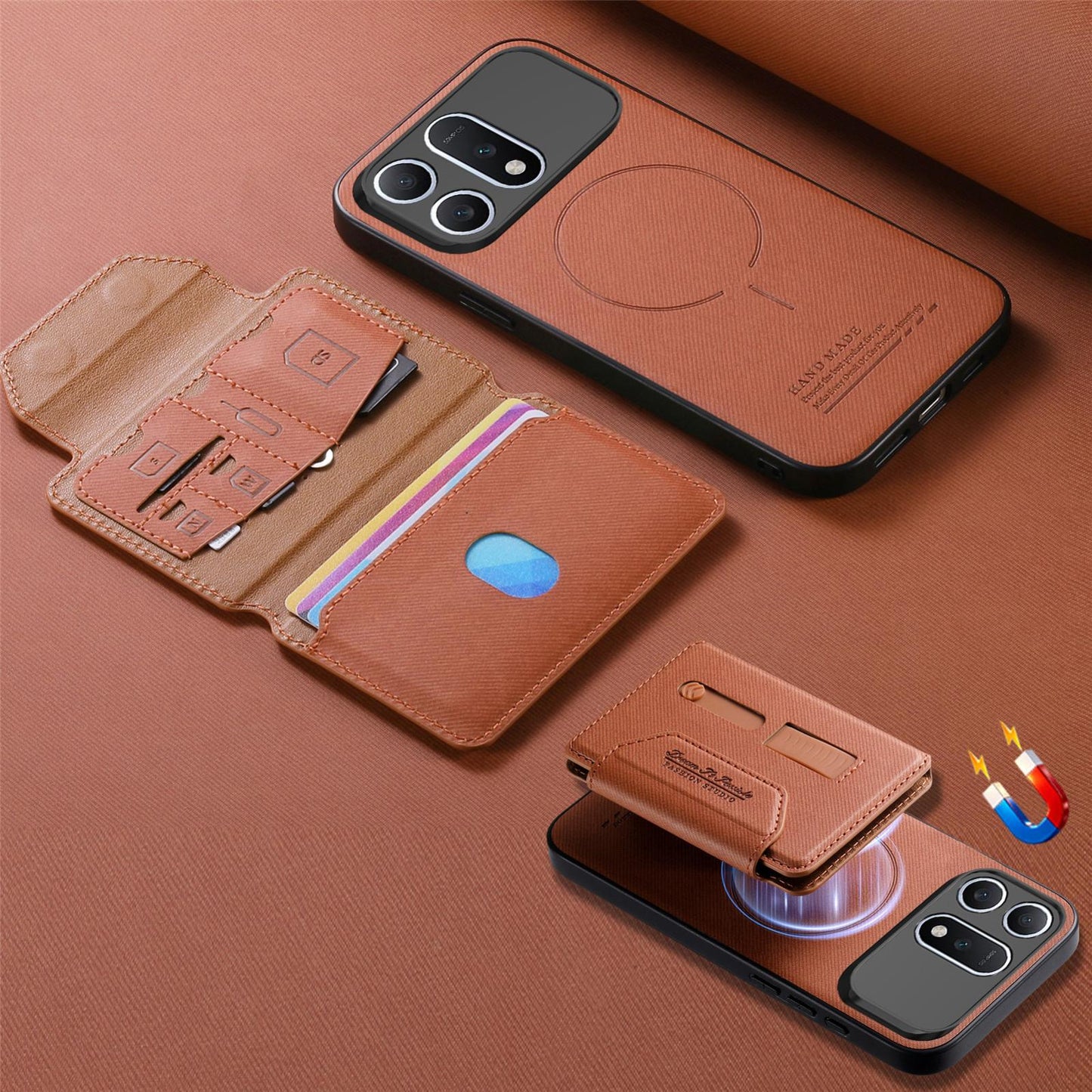 For Honor Win Turbo 5G Twill Fabric Travel Storage Magnetic Card Bag Back Phone Case(Brown)