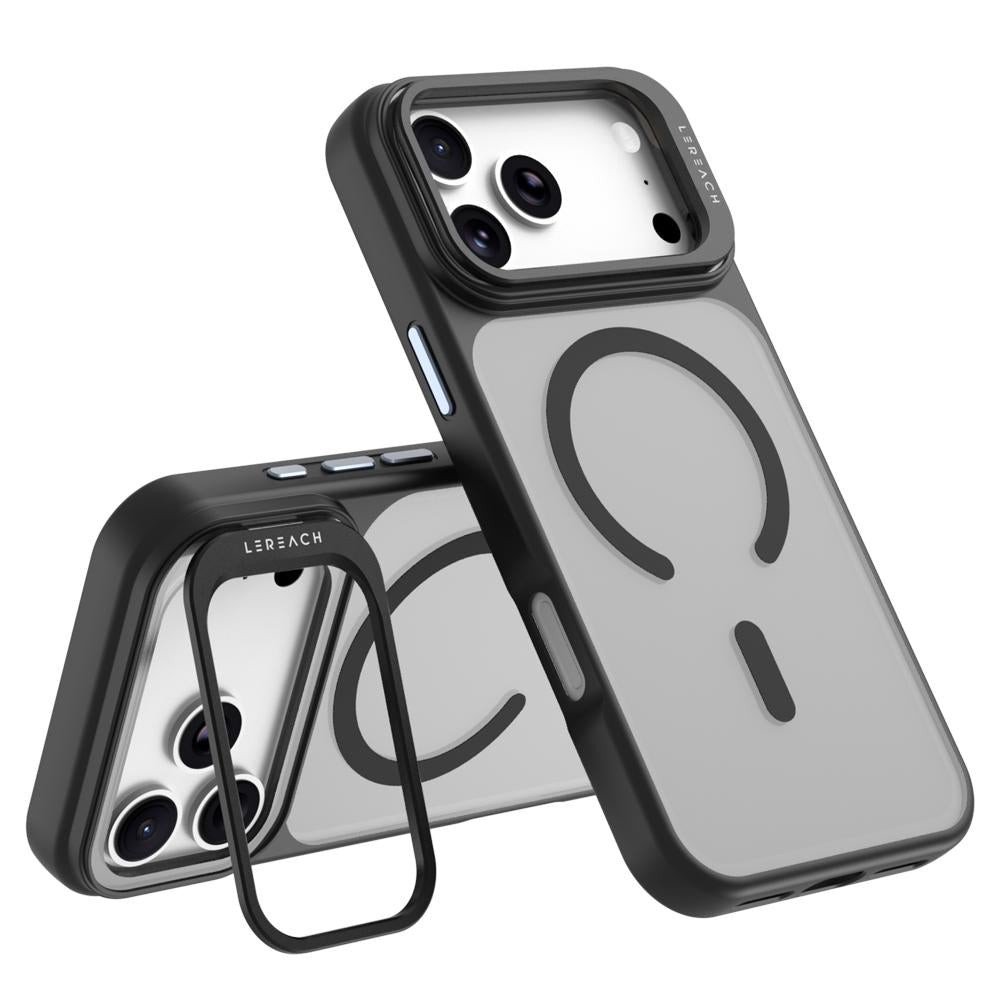 For iPhone 18 Pro Max LeReach Le-Luster Series Metal Lens Kickstand Magnetic Phone Case - Black - SYA003464402A
