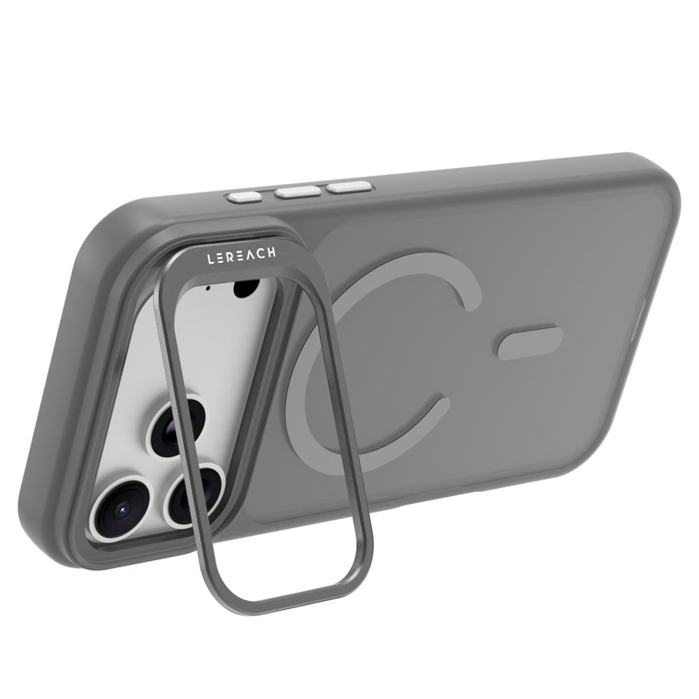 For iPhone 18 Pro Max LeReach Le-Luster Series Metal Lens Kickstand Magnetic Phone Case - Grey - SYA003464402B