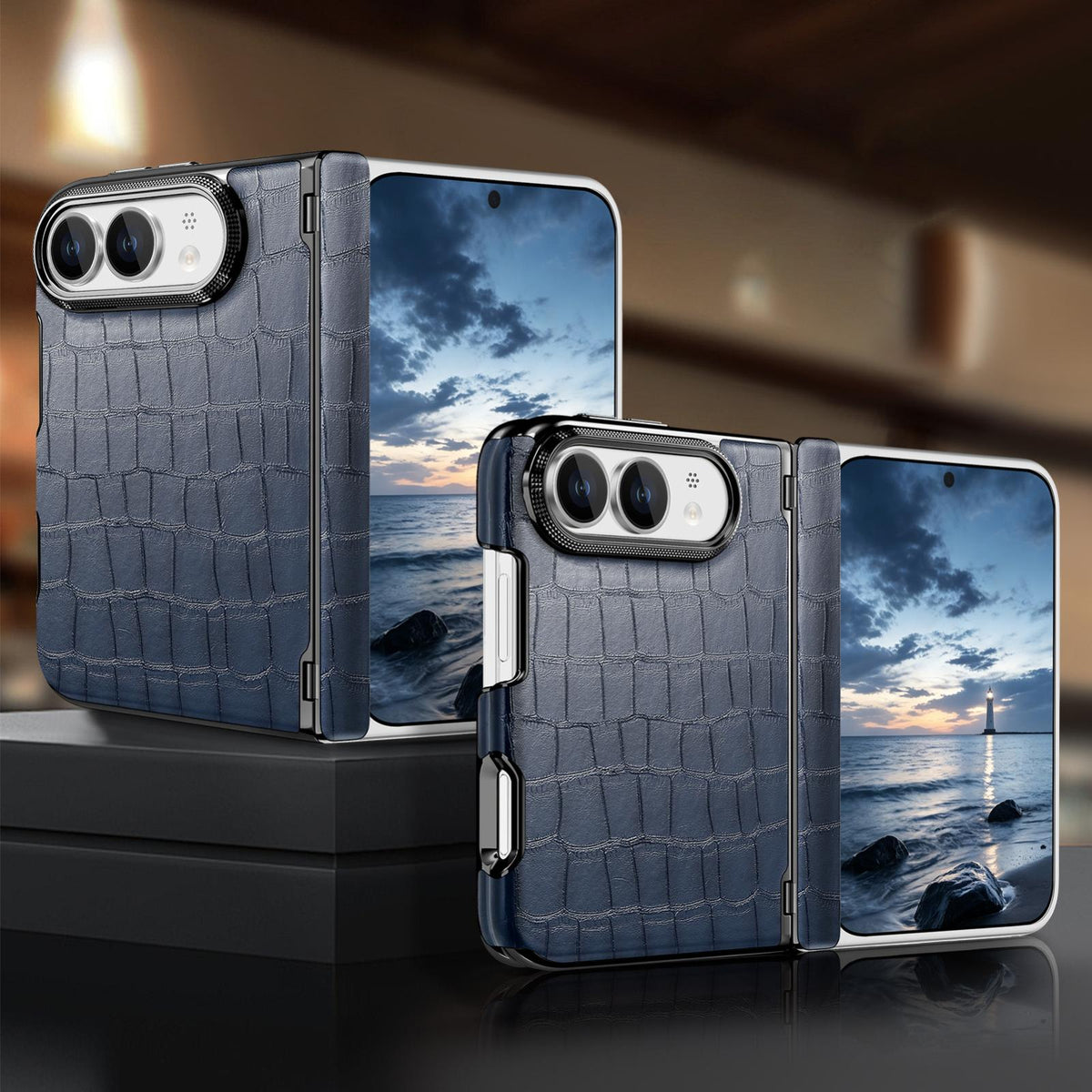 For iPhone Duo Crocodile Vegan Leather Dual-Hinge Phone case - Blue - SYA003472601A