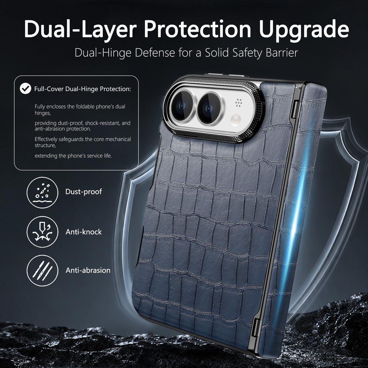 For iPhone Duo Crocodile Vegan Leather Dual-Hinge Phone case - Blue - SYA003472601A