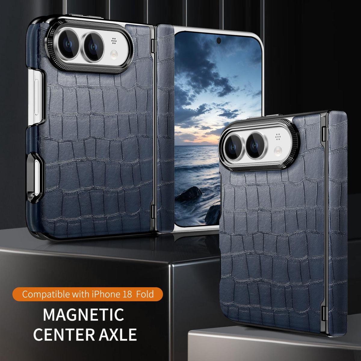 For iPhone Duo Crocodile Vegan Leather Dual-Hinge Phone case - Blue - SYA003472601A
