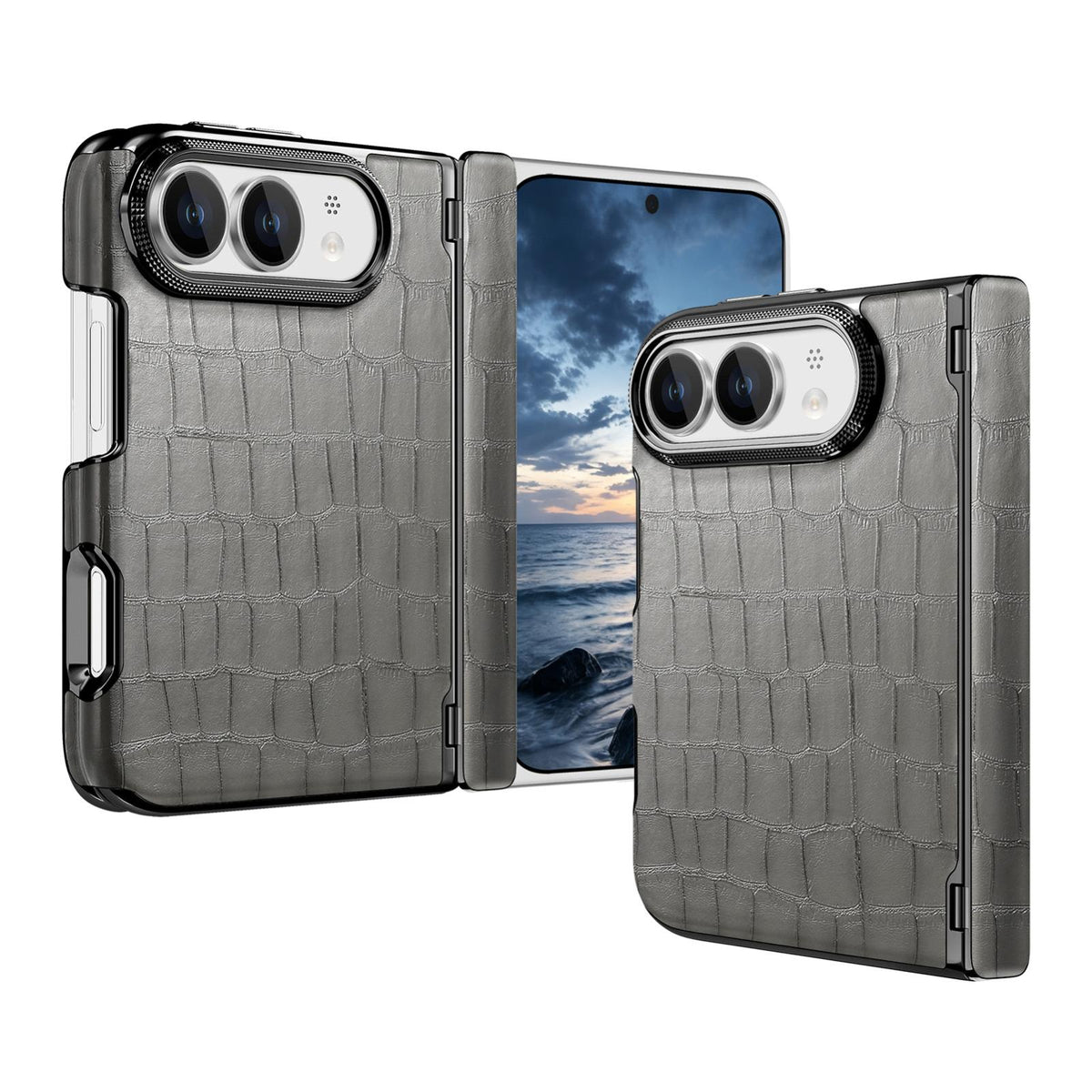 For iPhone Duo Crocodile Vegan Leather Dual-Hinge Phone case - Grey - SYA003472601B