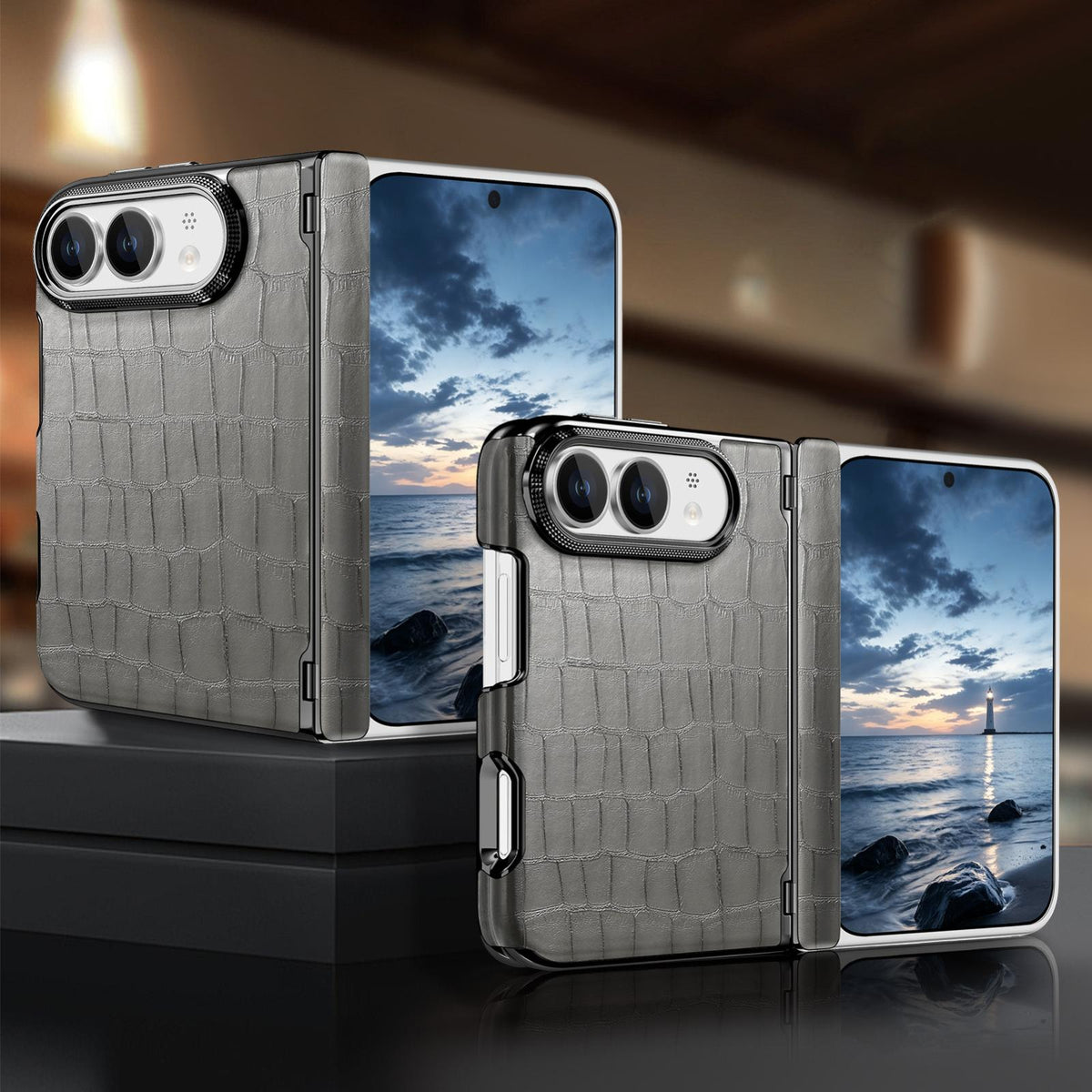 For iPhone Duo Crocodile Vegan Leather Dual-Hinge Phone case - Grey - SYA003472601B