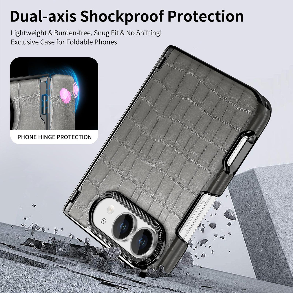 For iPhone Duo Crocodile Vegan Leather Dual-Hinge Phone case - Grey - SYA003472601B