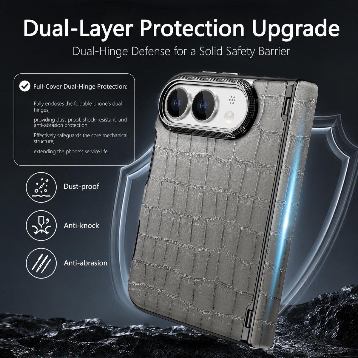 For iPhone Duo Crocodile Vegan Leather Dual-Hinge Phone case - Grey - SYA003472601B
