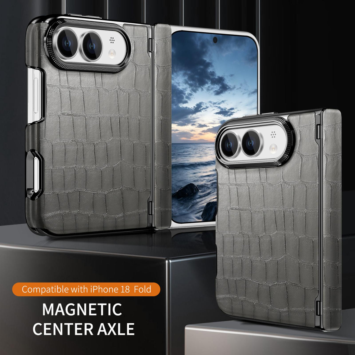For iPhone Duo Crocodile Vegan Leather Dual-Hinge Phone case - Grey - SYA003472601B