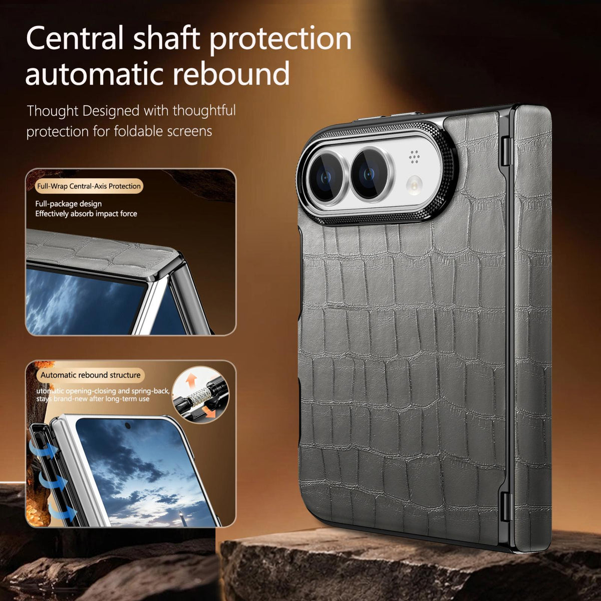 For iPhone Duo Crocodile Vegan Leather Dual-Hinge Phone case - Grey - SYA003472601B