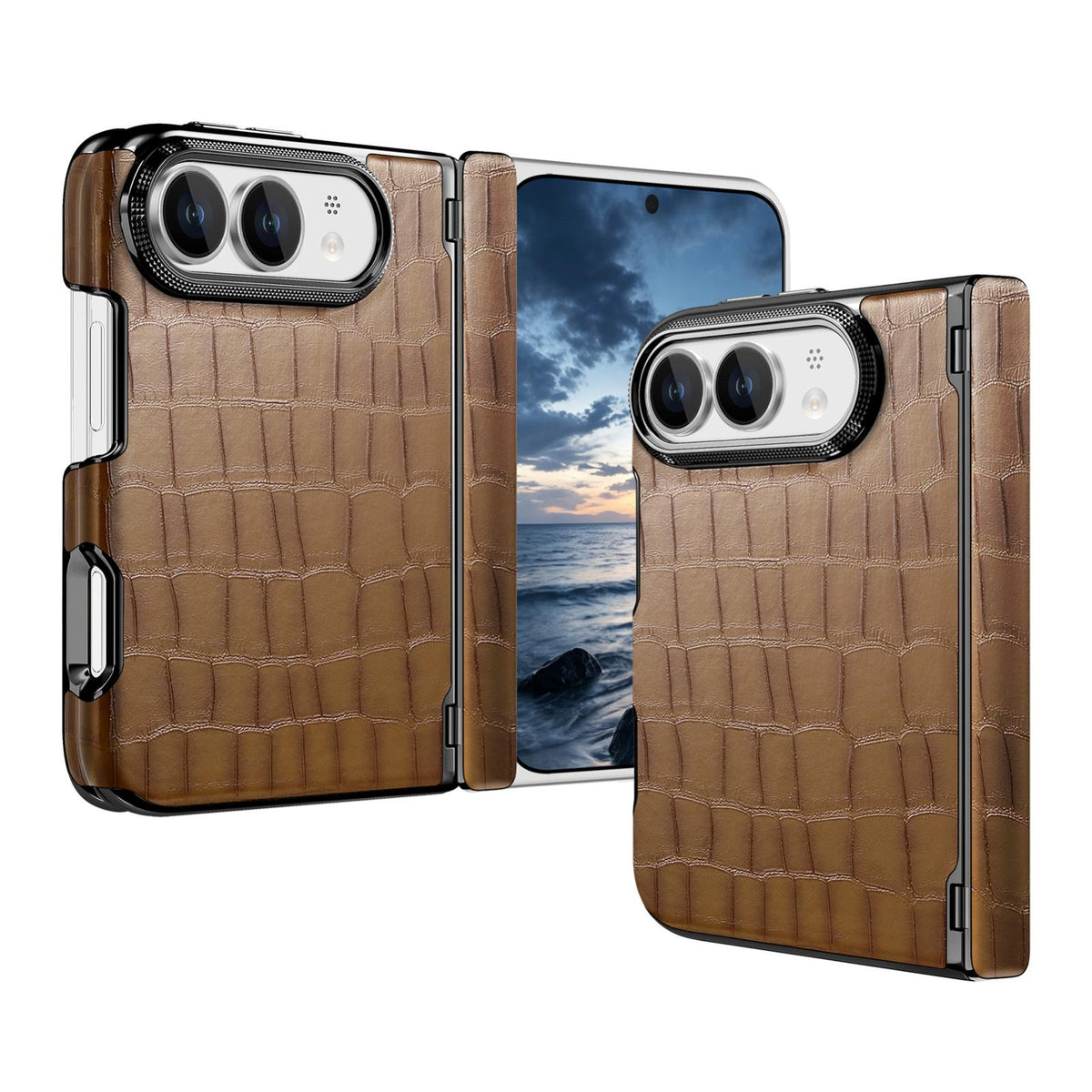 For iPhone Duo Crocodile Vegan Leather Dual-Hinge Phone case - Brown - SYA003472601C