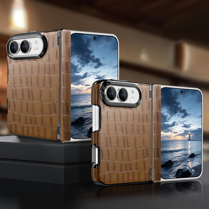 For iPhone Duo Crocodile Vegan Leather Dual-Hinge Phone case - Brown - SYA003472601C