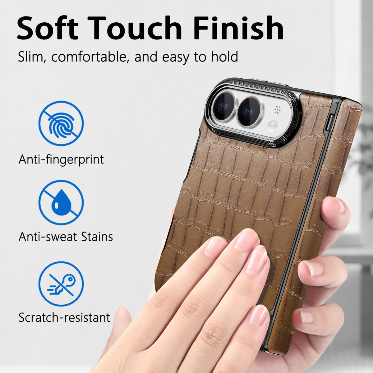 For iPhone Duo Crocodile Vegan Leather Dual-Hinge Phone case - Brown - SYA003472601C