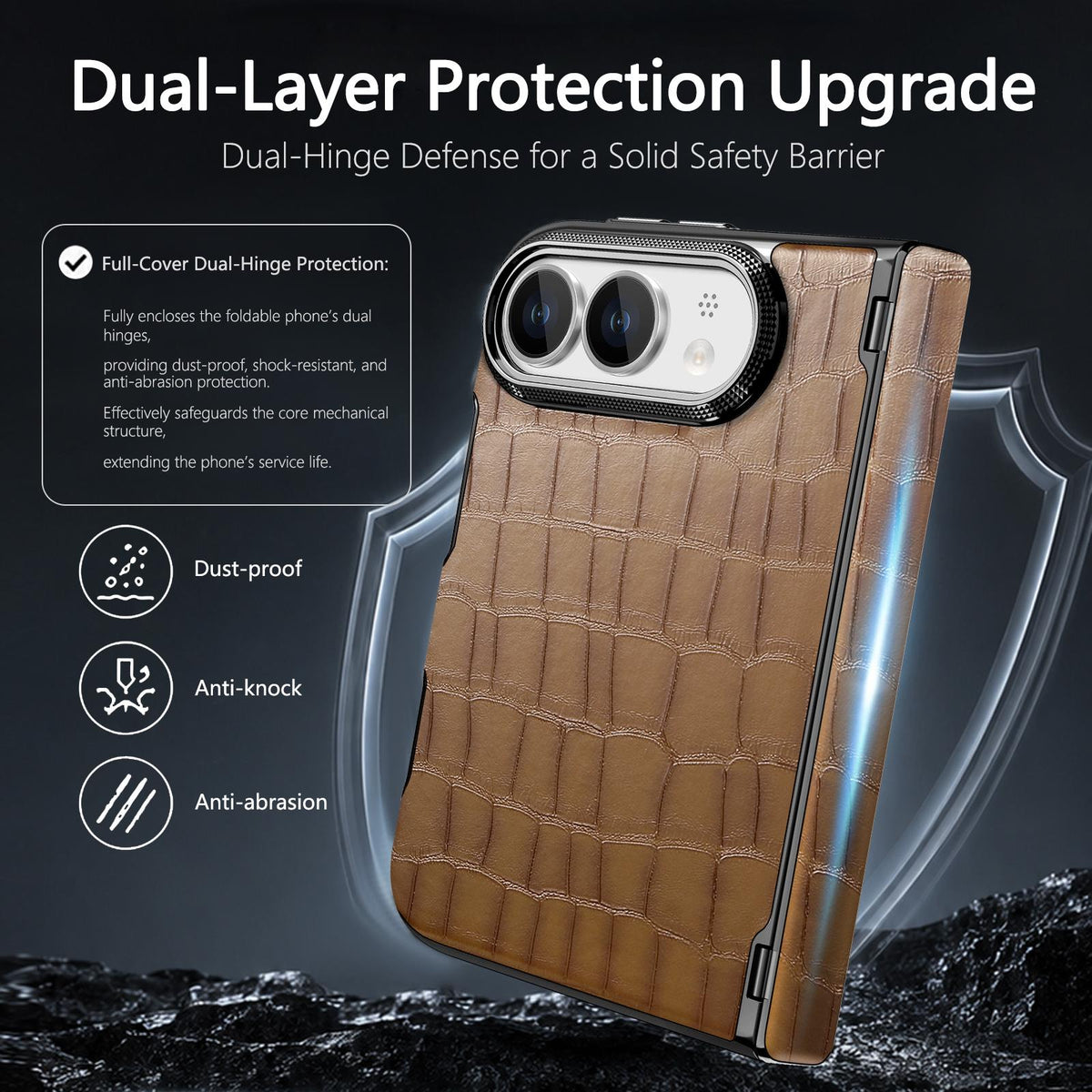 For iPhone Duo Crocodile Vegan Leather Dual-Hinge Phone case - Brown - SYA003472601C