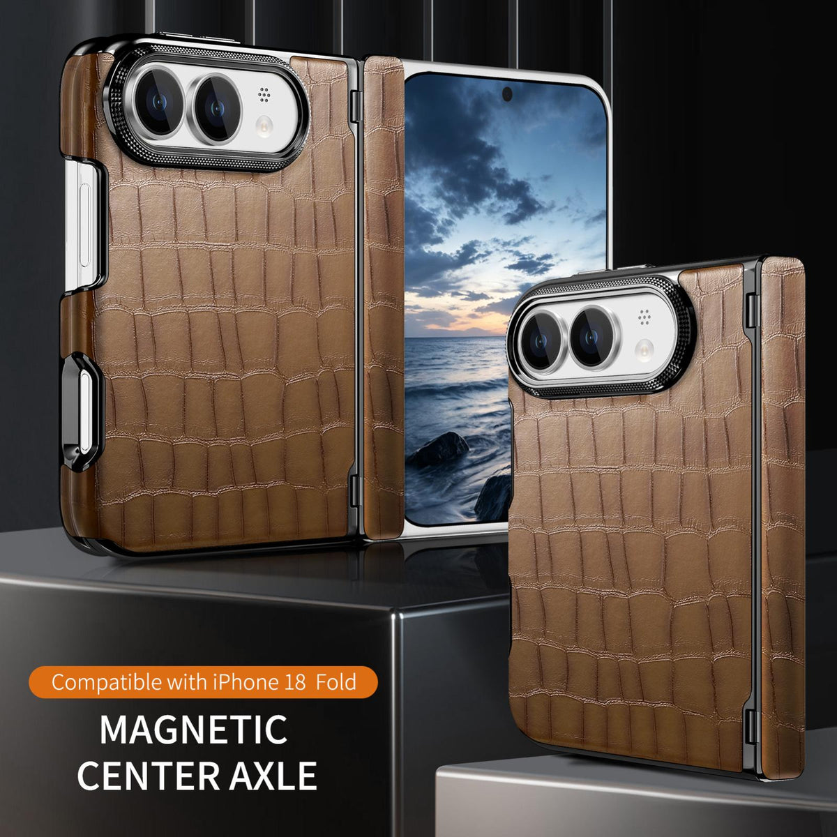 For iPhone Duo Crocodile Vegan Leather Dual-Hinge Phone case - Brown - SYA003472601C