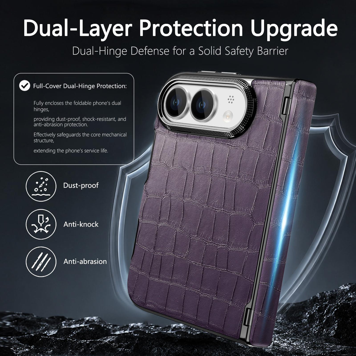 For iPhone Duo Crocodile Vegan Leather Dual-Hinge Phone case - Purple - SYA003472601D