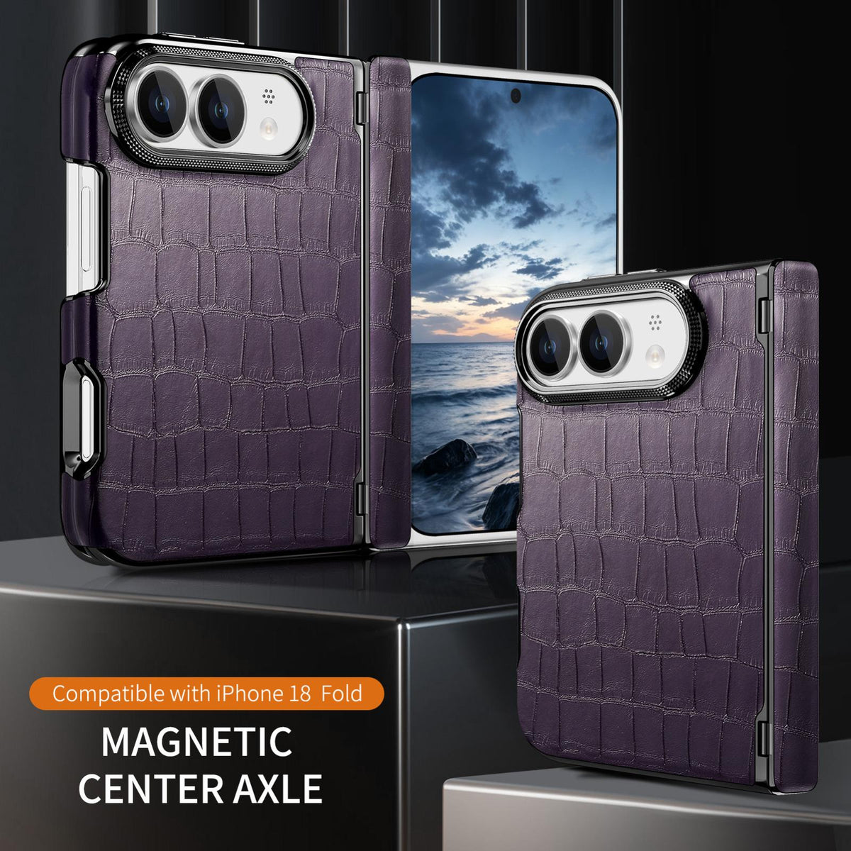 For iPhone Duo Crocodile Vegan Leather Dual-Hinge Phone case - Purple - SYA003472601D