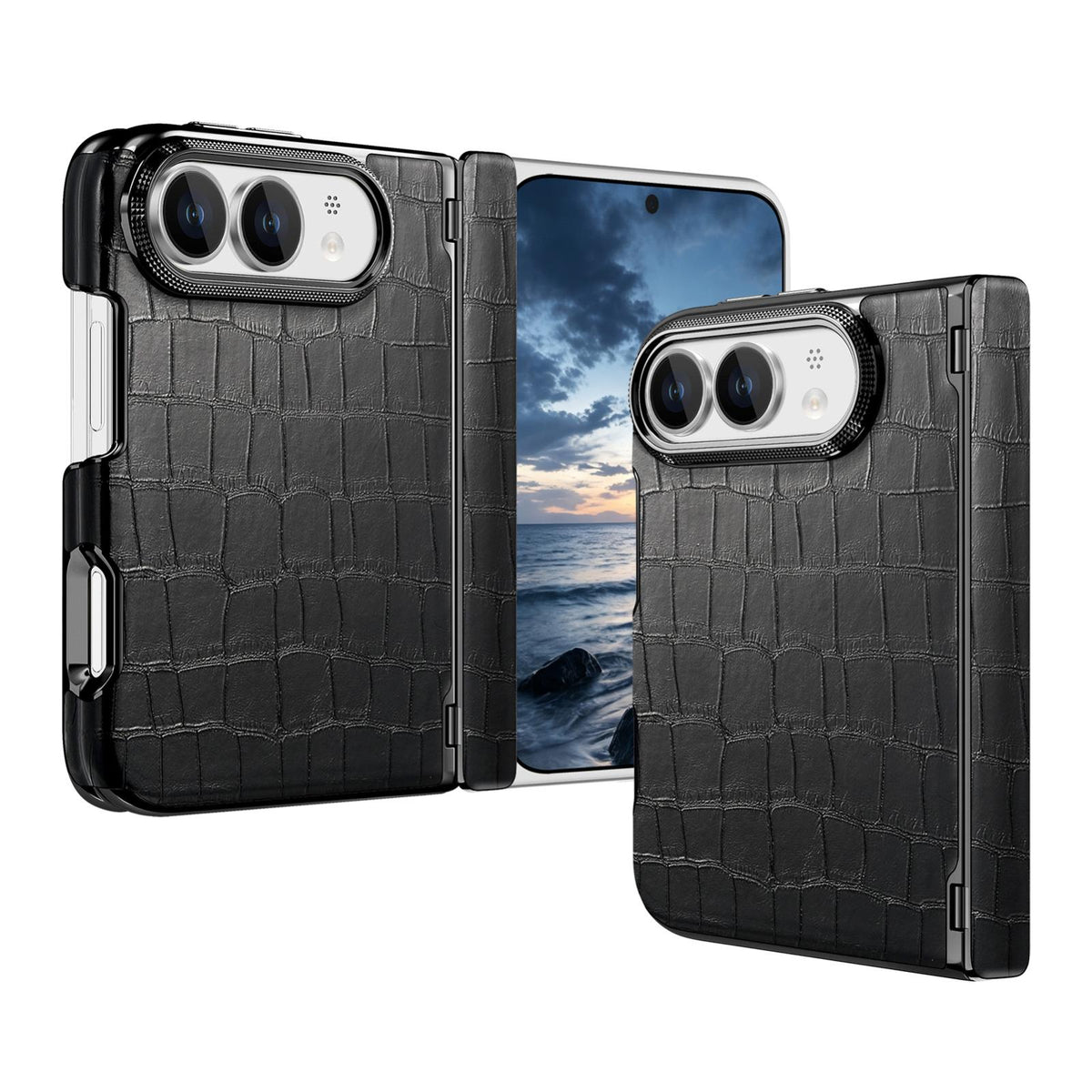 For iPhone Duo Crocodile Vegan Leather Dual-Hinge Phone case - Black - SYA003472601E