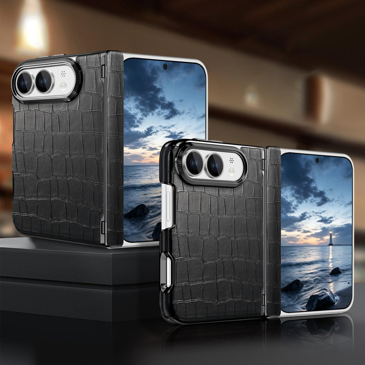 For iPhone Duo Crocodile Vegan Leather Dual-Hinge Phone case - Black - SYA003472601E