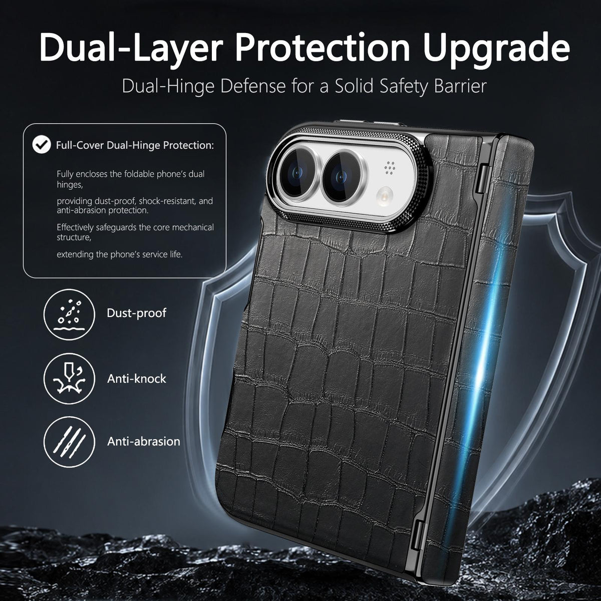 For iPhone Duo Crocodile Vegan Leather Dual-Hinge Phone case - Black - SYA003472601E