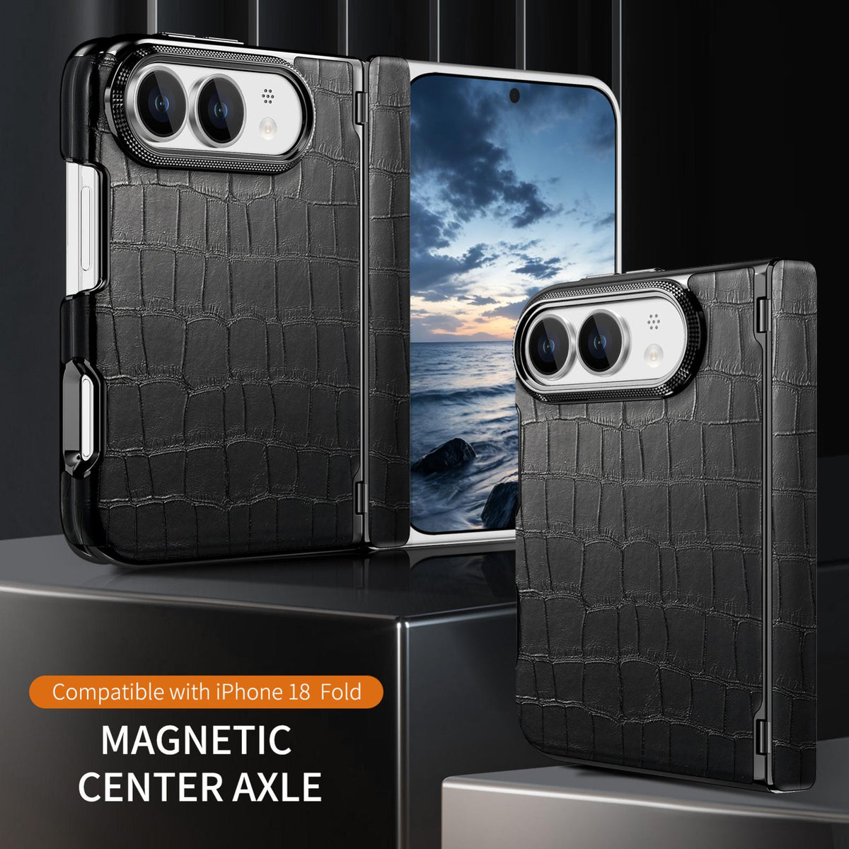 For iPhone Duo Crocodile Vegan Leather Dual-Hinge Phone case - Black - SYA003472601E
