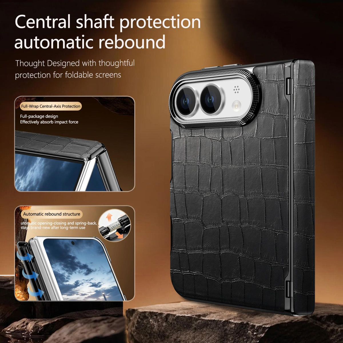 For iPhone Duo Crocodile Vegan Leather Dual-Hinge Phone case - Black - SYA003472601E