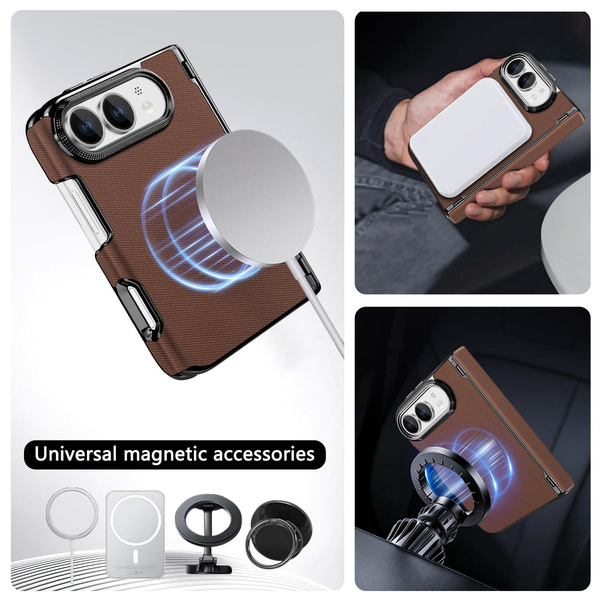 For iPhone Duo Fine-grained Vegan Leather Dual-Hinge Magnetic Phone Case - brown - SYA003473901B