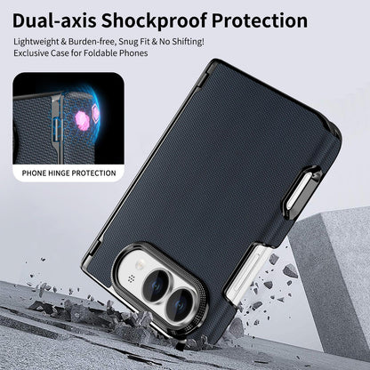For iPhone Duo Fine-grained Vegan Leather Dual-Hinge Magnetic Phone Case - Bule - SYA003473901D