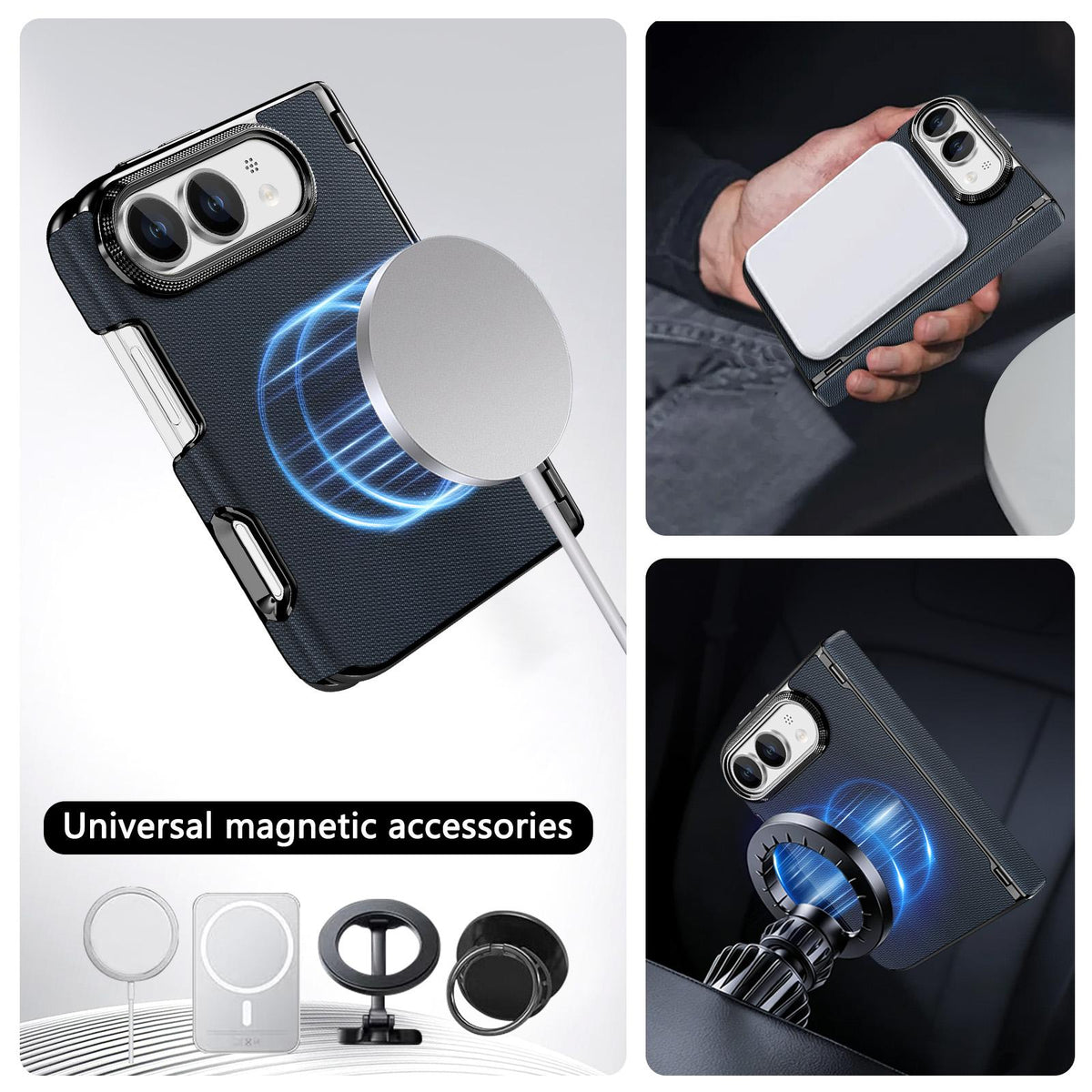 For iPhone Duo Fine-grained Vegan Leather Dual-Hinge Magnetic Phone Case - Bule - SYA003473901D