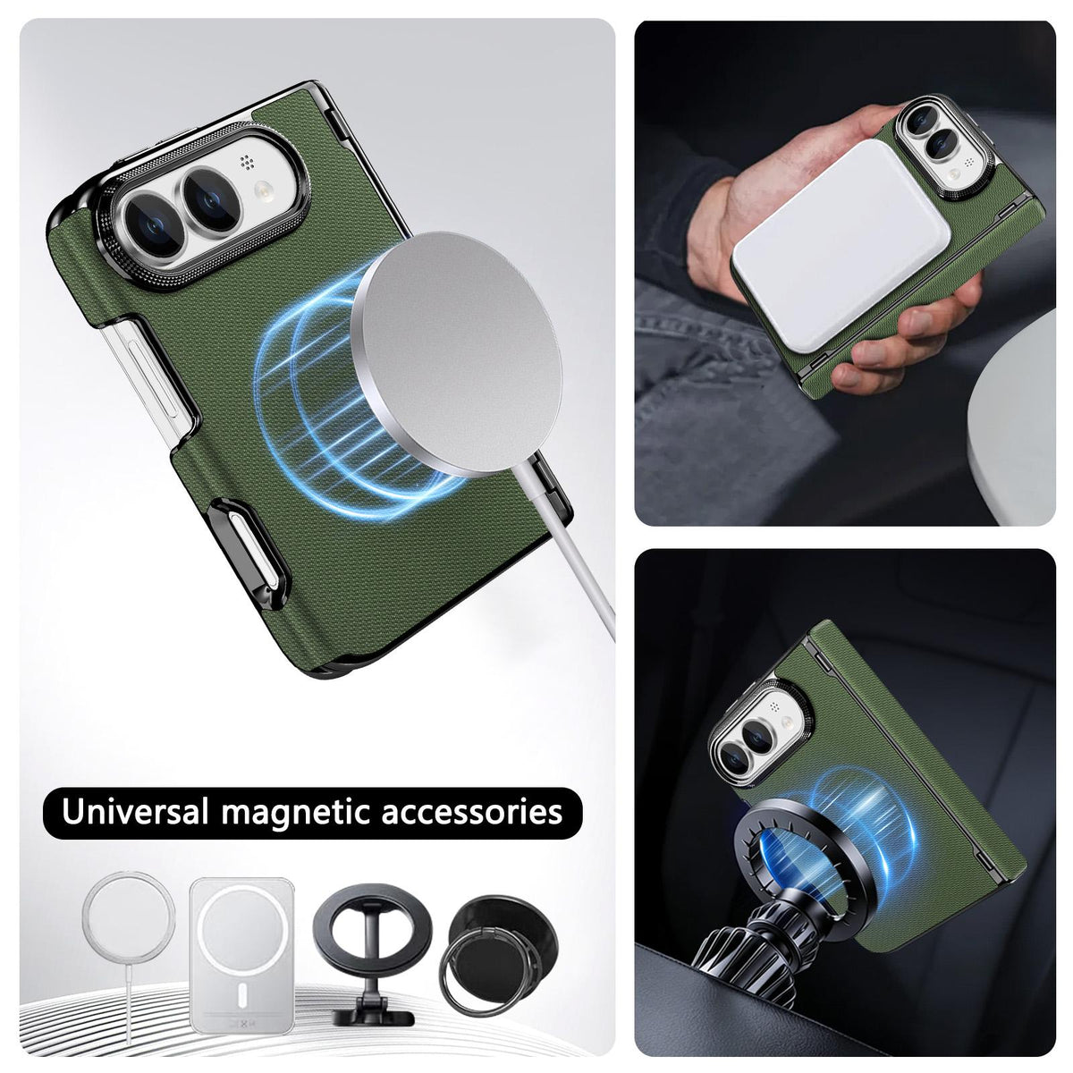 For iPhone Duo Fine-grained Vegan Leather Dual-Hinge Magnetic Phone Case - Green - SYA003473901E