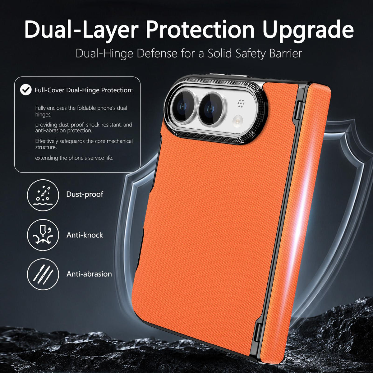 For iPhone Duo Fine-grained Vegan Leather Dual-Hinge Magnetic Phone Case - Orange - SYA003473901F