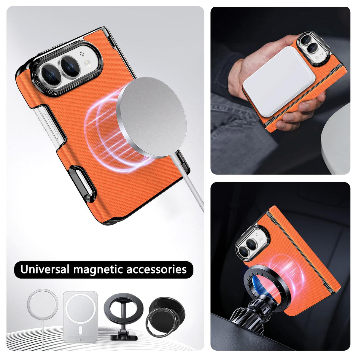 For iPhone Duo Fine-grained Vegan Leather Dual-Hinge Magnetic Phone Case - Orange - SYA003473901F
