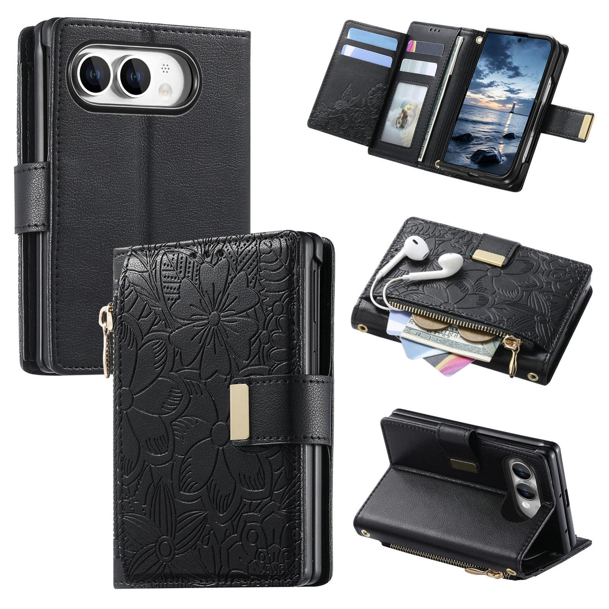 For  iPhone Duo Flowers Leaves Zipper Wallet Leather Phone Case with Strap - Black - SYA003480301A