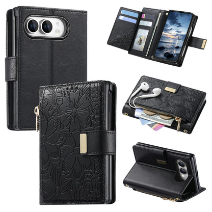 For  iPhone Duo Flowers Leaves Zipper Wallet Leather Phone Case with Strap - Black - SYA003480301A
