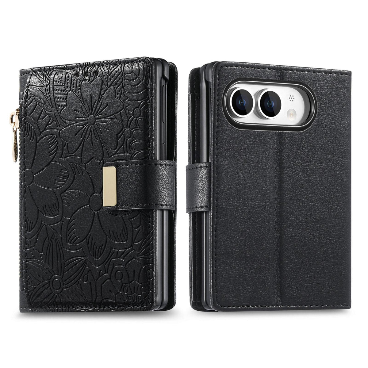 For  iPhone Duo Flowers Leaves Zipper Wallet Leather Phone Case with Strap - Black - SYA003480301A