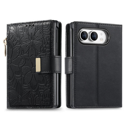 For  iPhone Duo Flowers Leaves Zipper Wallet Leather Phone Case with Strap - Black - SYA003480301A