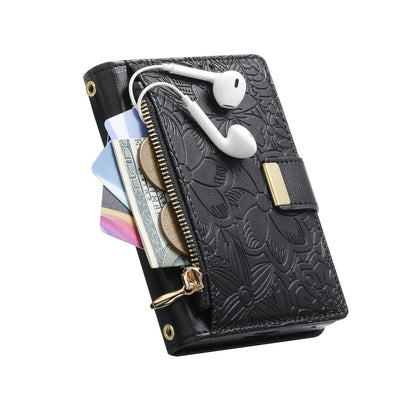 For  iPhone Duo Flowers Leaves Zipper Wallet Leather Phone Case with Strap - Black - SYA003480301A