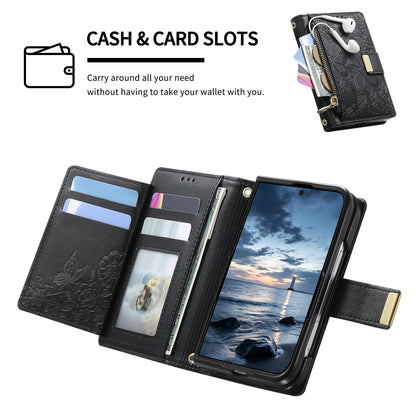 For  iPhone Duo Flowers Leaves Zipper Wallet Leather Phone Case with Strap - Black - SYA003480301A