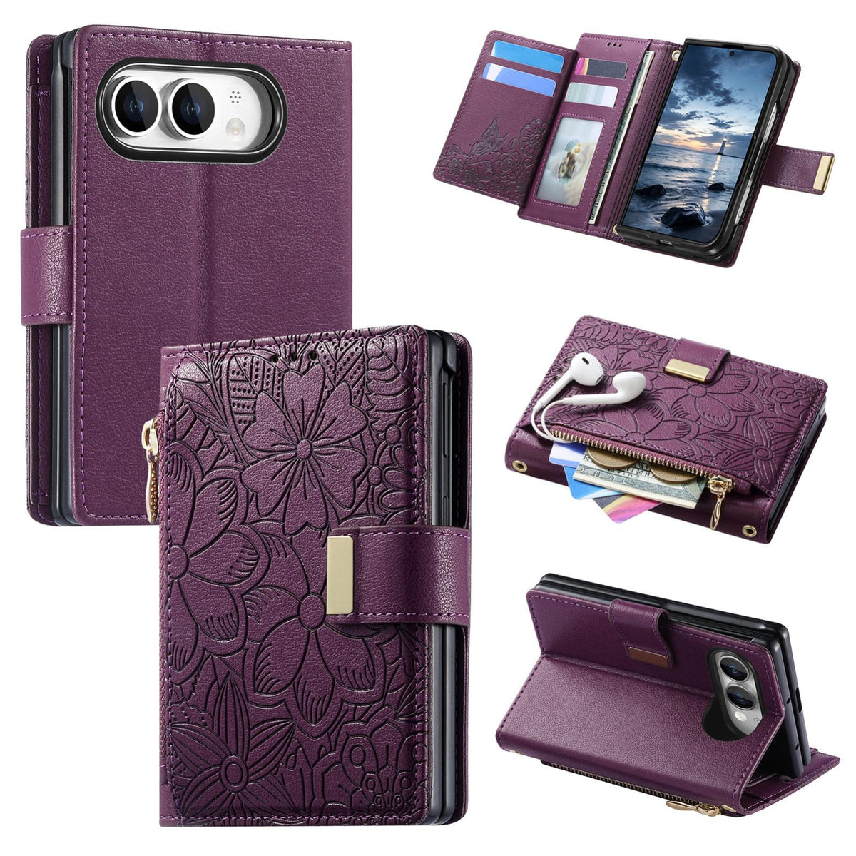 For  iPhone Duo Flowers Leaves Zipper Wallet Leather Phone Case with Strap - Purple - SYA003480301B