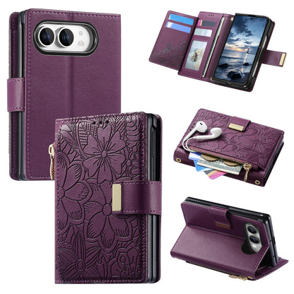 For  iPhone Duo Flowers Leaves Zipper Wallet Leather Phone Case with Strap - Purple - SYA003480301B