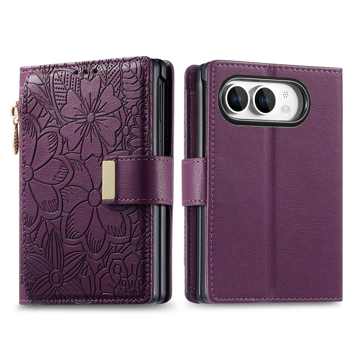For  iPhone Duo Flowers Leaves Zipper Wallet Leather Phone Case with Strap - Purple - SYA003480301B