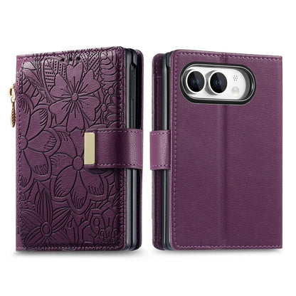 For  iPhone Duo Flowers Leaves Zipper Wallet Leather Phone Case with Strap - Purple - SYA003480301B
