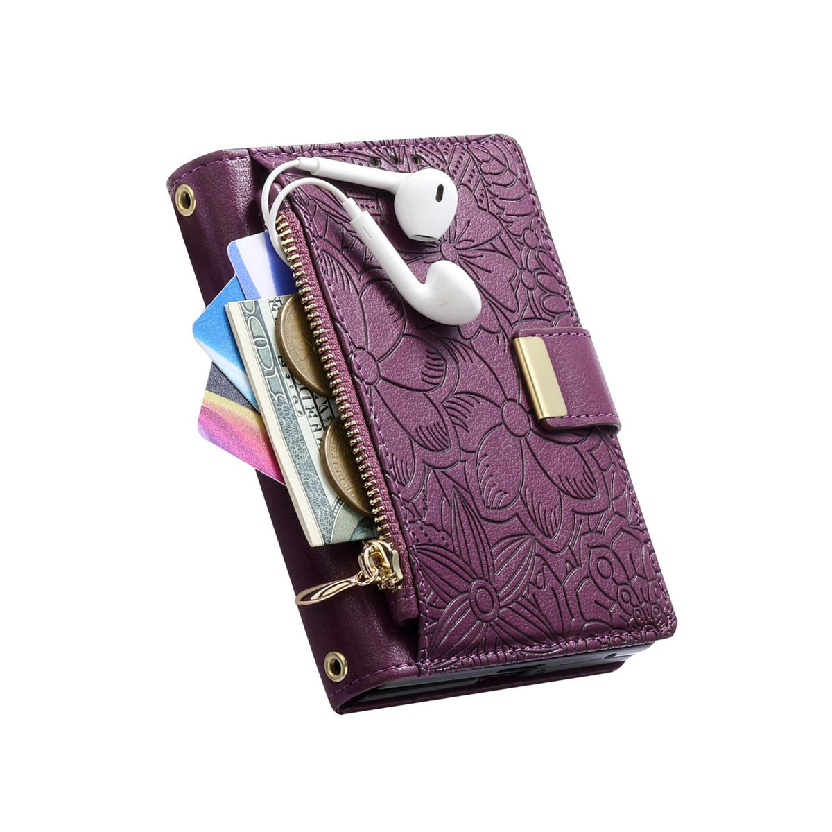 For  iPhone Duo Flowers Leaves Zipper Wallet Leather Phone Case with Strap - Purple - SYA003480301B