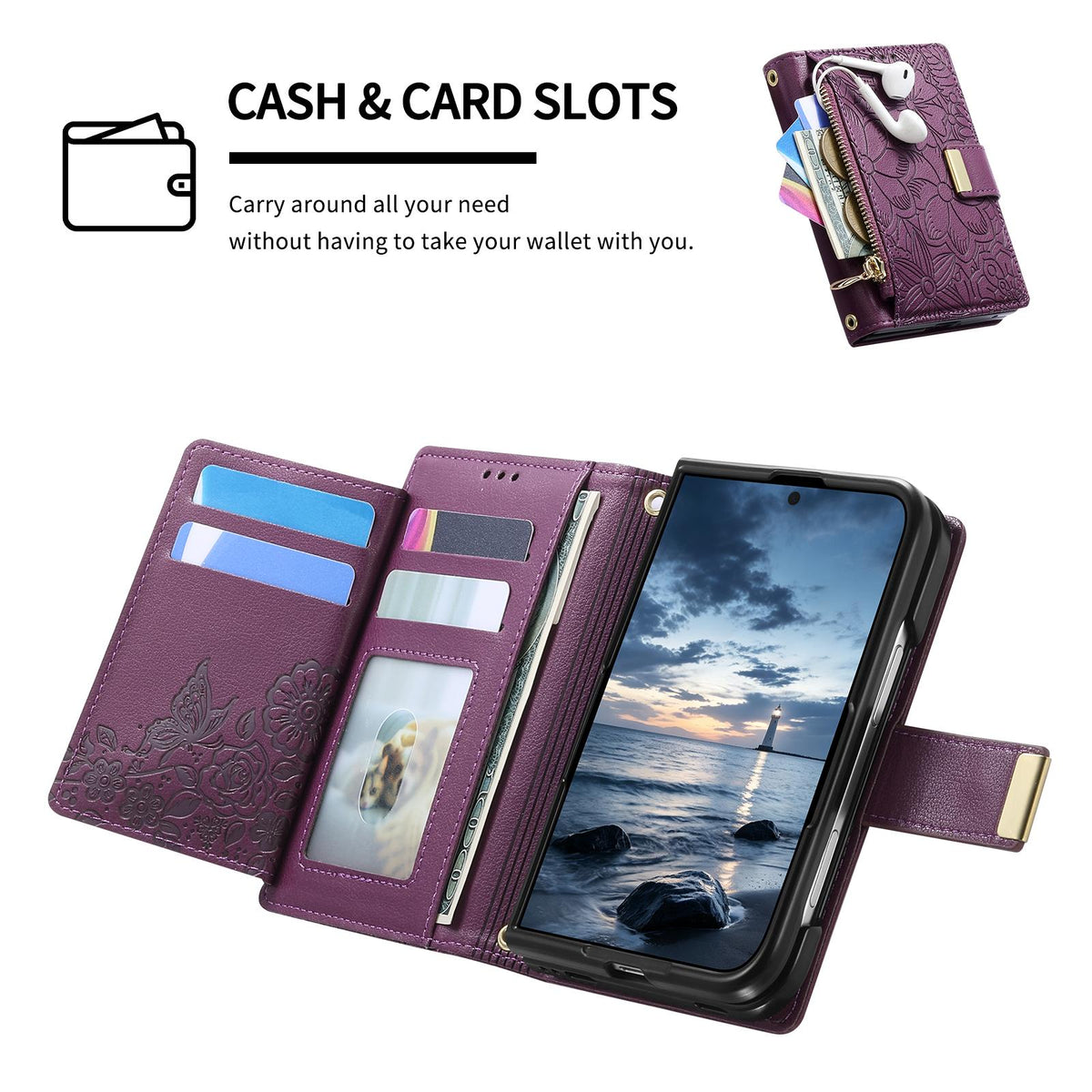 For  iPhone Duo Flowers Leaves Zipper Wallet Leather Phone Case with Strap - Purple - SYA003480301B