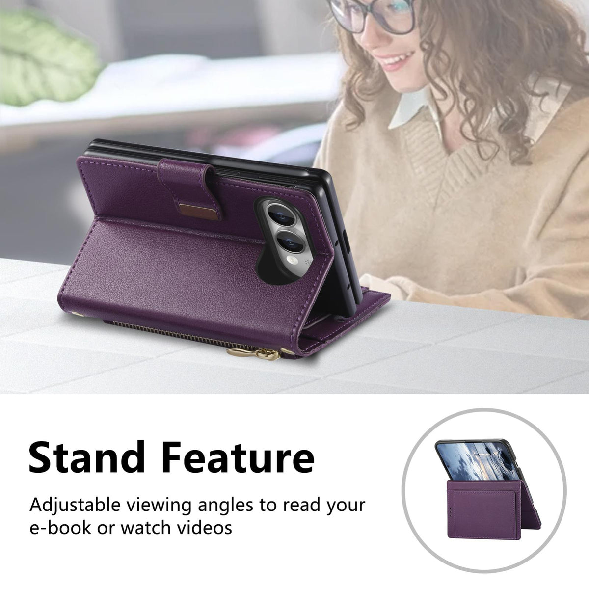 For  iPhone Duo Flowers Leaves Zipper Wallet Leather Phone Case with Strap - Purple - SYA003480301B