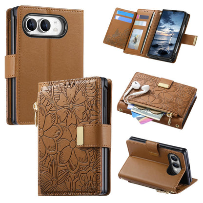 For  iPhone Duo Flowers Leaves Zipper Wallet Leather Phone Case with Strap - Brown - SYA003480301C