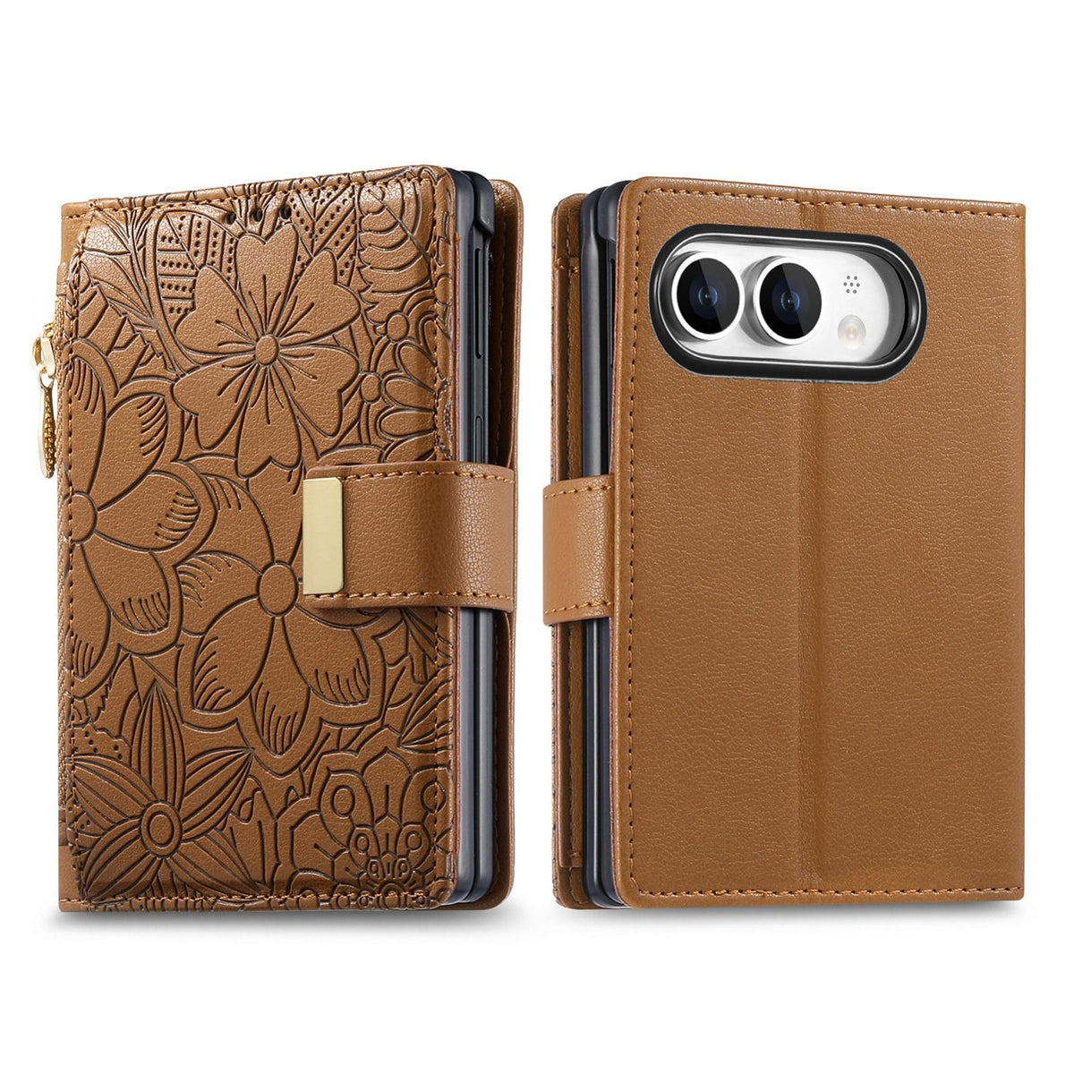 For  iPhone Duo Flowers Leaves Zipper Wallet Leather Phone Case with Strap - Brown - SYA003480301C